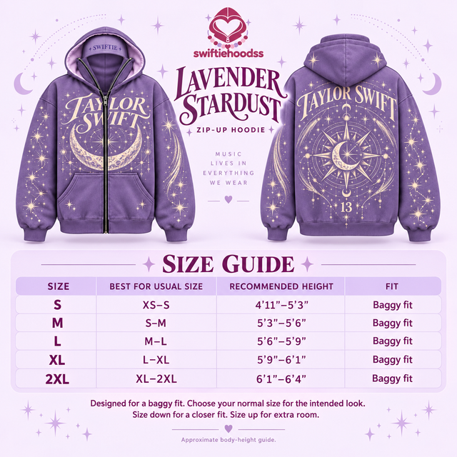 Swiftiehoodss Lavender Stardust size guide — S to 2XL, usual size and recommended body height